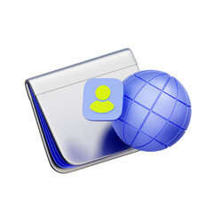 3D icon of a bank account book with a user icon and globe For international bank accounts, global account access, expatriate banking services, and managing finances worldwide.