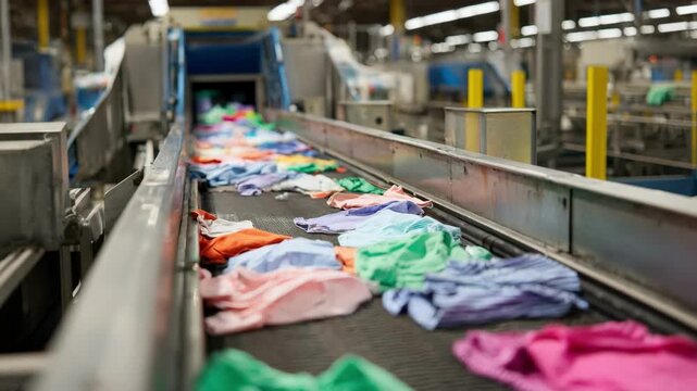Medium shot capturing conveyor belts moving assorted garments through a color recognition system for efficient separation and cleaning preparation.