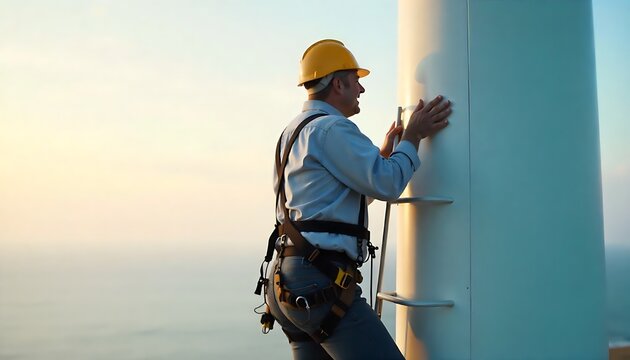 Engineer in safety gear ascending wind turbine for maintenance, energy industry, sustainable power, sunset view