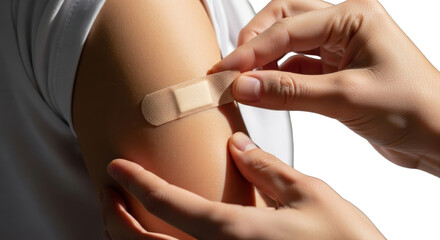 Applying a beige adhesive bandage to a persons arm after vaccination.
