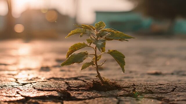 Resilience: A young plant growing through cracked earth, symbolizing hope and perseverance