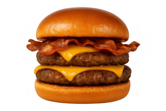 Craving a delicious double cheeseburger topped with sizzling bacon and melted cheese, ready for a speedy meal