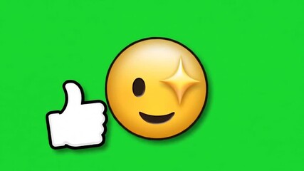 A vibrant green background featuring a sparkling emoji winking and smiling next to a prominent white thumbsup gesture symbolizing approval success and positive feedback in a cheerful and engaging man. - Powered by Adobe