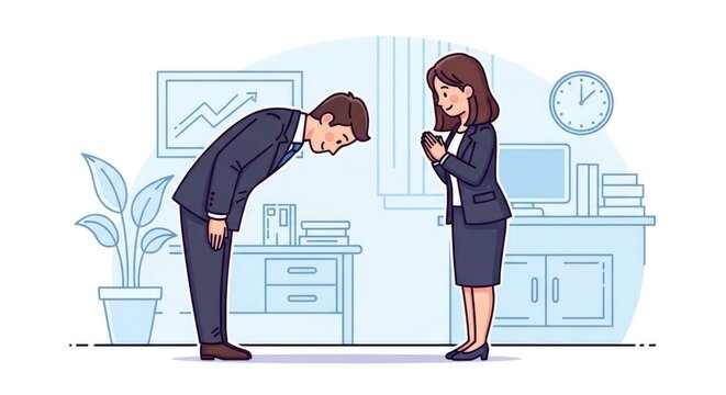 Business Etiquette - Man Bowing to Woman in Office Setting.