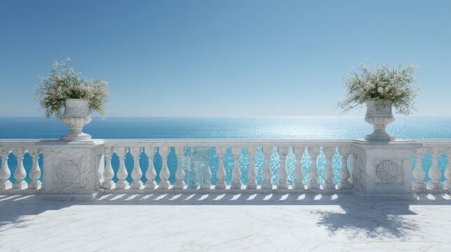 A serene seaside balcony with white balustrades and potted plants overlooking a calm ocean under a clear blue sky
