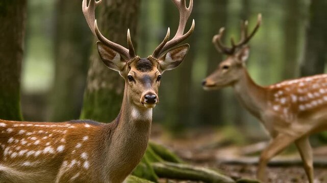 Close-up shot of a magnificent male Sika deer with antlers and white spots, standing alertly in a mossy, dense green forest.
