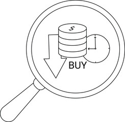 Magnifying glass focused on a stack of coins marked with a dollar sign next to a clock above the word BUY