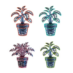  Geometric Wireframe Potted Plant Vector Icon Set with Abstract Color Outline