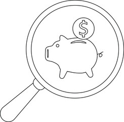 Magnifying glass over piggy bank with dollar coin