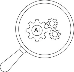 Magnifying glass showing three gears the largest marked AI