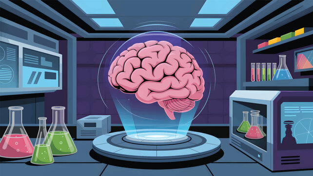 Pink brain in glass dome on futuristic lab platform