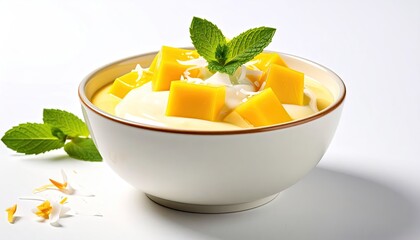 A Vibrant Bowl of Mango Pudding Topped with Fresh Diced Mango Coconut Flakes and Mint Leaves on a White Background with Soft Studio Lighting