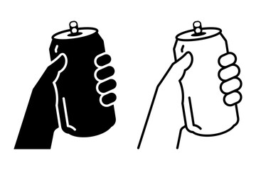 Hand holding soda can icon set vector in thin line and flat style with editable stroke on white background. Dented soda cans. Soda can logo, label, badge, hipster, style, premium, bar brand symbol.