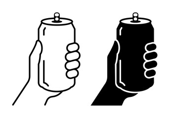 Hand holding soda can icon set vector in thin line and flat style with editable stroke on white background. Dented soda cans. Soda can logo, label, badge, hipster, style, premium, bar brand symbol.