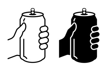 Hand holding soda can icon set vector in thin line and flat style with editable stroke on white background. Dented soda cans. Soda can logo, label, badge, hipster, style, premium, bar brand symbol.