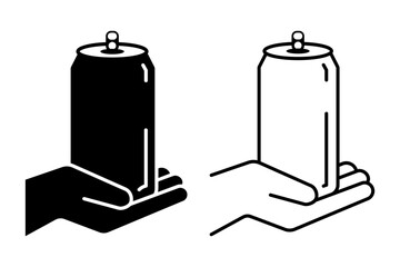 Hand holding soda can icon set vector in thin line and flat style with editable stroke on white background. Dented soda cans. Soda can logo, label, badge, hipster, style, premium, bar brand symbol.