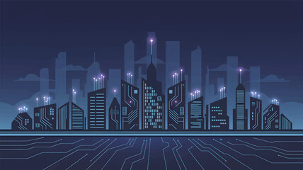 Futuristic city skyline with glowing circuit board elements © srdesignhouse