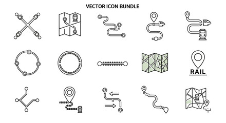 Vector icon bundle with map, route, and rail symbols.