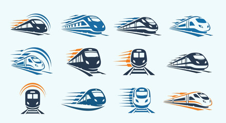 A collection of modern high-speed train icons and logos, depicted with dynamic motion lines to emphasize speed.