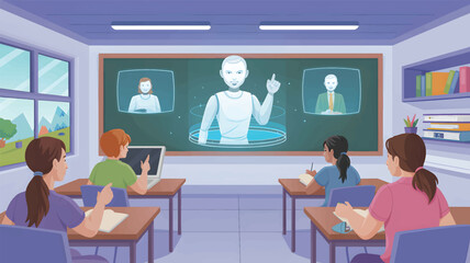 Children learning from robot teacher in classroom with screens
