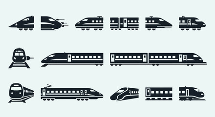 Collection of various high-speed train silhouettes and icons, showcasing different designs and perspectives.