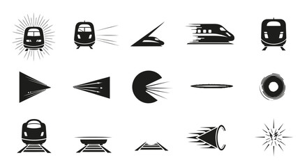 Collection of stylized black and white icons representing high-speed trains and motion effects, showcasing different perspectives and abstract representations of speed and travel.