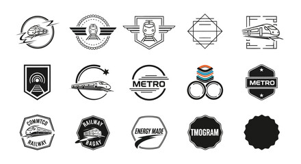 A collection of 15 diverse train and metro logos and emblems, showcasing various design styles and symbols related to rail transportation.