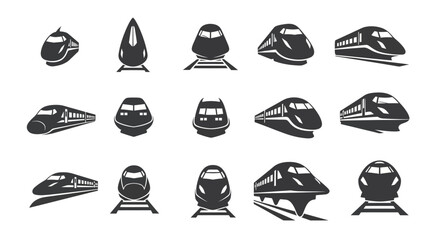 A collection of fifteen vector illustrations depicting various high-speed train designs in a monochromatic style, showcasing different perspectives and angles.