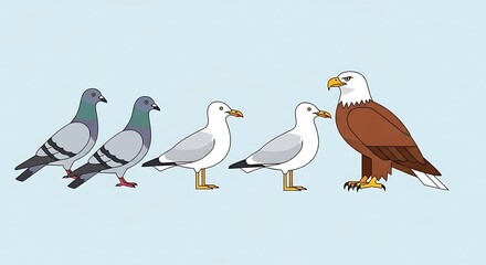 Obraz premium Eagle confronting pigeons and seagulls in a line.
