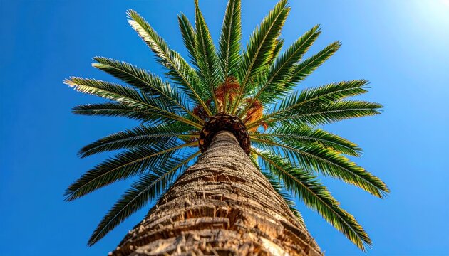 Close up Low Angle View of a Tall Palm Tree Trunk and Fronds Against a Clear Blue Sky on a Sunny Day - Powered by Adobe