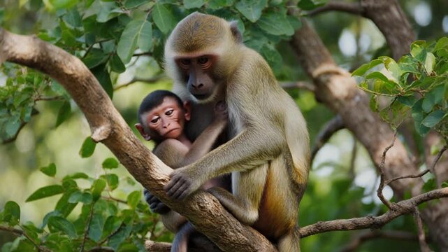 A heartwarming scene of a small, cute baby monkey clinging tightly to its mother on a tree branch in South Africa. Captures a beautiful moment of wild maternal love.