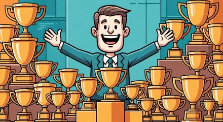 Businessman Celebrating Success Surrounded by Trophies.