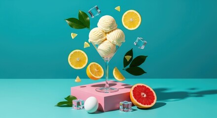 Refreshing Lemon Sorbet with Citrus Slices and Ice Cubes.