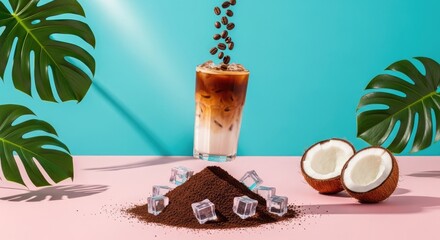 Refreshing Iced Coffee with Boba and Tropical Elements.