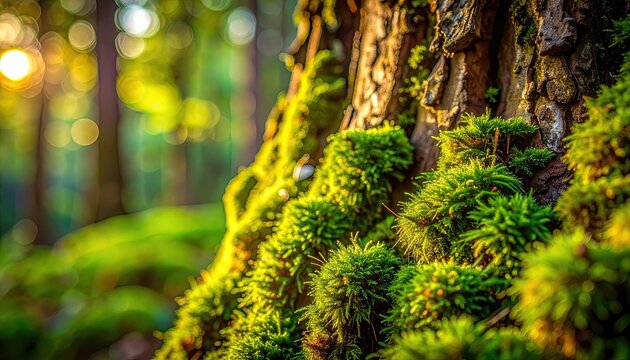 Close Up Of Moss Covering A Tree Trunk In A Sun Dappled Forest With Golden Hour Lighting And Soft Bokeh Background