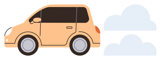 Compact orange car with circular wheels and sleek design accompanied by light clouds. Ideal for travel, transportation, vehicles, mobility, road safety, eco-friendly concept, simple innovation. A
