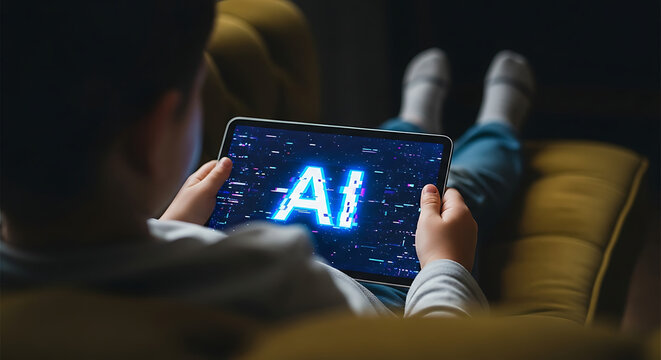 Close-up of a child holding a tablet displaying the letters 'AI' in a digital, futuristic font, hinting at the intersection of technology and childhood learning