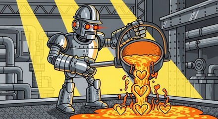 Robot Pouring Molten Hearts in Industrial Setting.