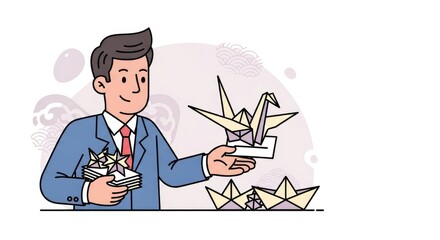 Businessman holding origami crane and paper boats.
