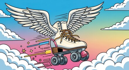 Roller Skate with Wings Flying Through Clouds.