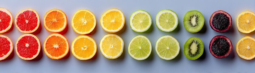 A vibrant display of sliced fruits, including grapefruit, oranges, limes, and kiwi, arranged in colorful order on a neutral background.