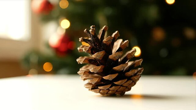 Close-up of a beautiful pinecone resting on a white surface with a sparkling Christmas tree and festive bokeh lights in the blurred background evoking a cozy 