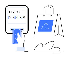 Hand placing cash into a terminal screen displaying HS code, next to a shopping bag featuring a recycle symbol. Ideal for e-commerce, import, payment, sustainability, trade, recycling, fintech
