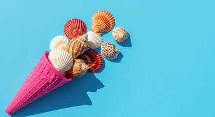 Seashells in a Pink Ice Cream Cone on a Blue Background.