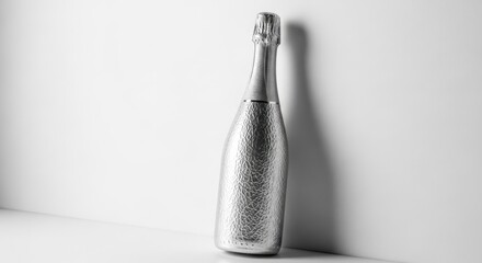 Silver Champagne Bottle Leaning Against White Wall.