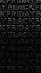 Repeating pattern of Black Friday text with dark shadows on black background. 3d render graphic of Black Friday text. Dark shadowy Black Friday sales, announcement, or advertisement for Black Friday.