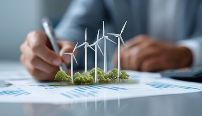 Miniature Wind Turbines Model on Paper with a Person Analyzing Renewable Energy