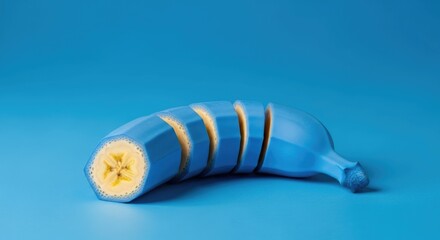 Sliced blue banana on a vibrant blue background.