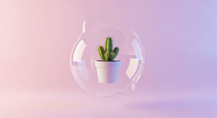 Small Cactus Plant in White Pot Inside Clear Glass Bubble on Gradient Background.
