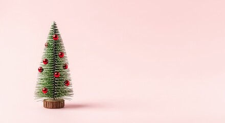 Small Christmas Tree with Red Ornaments on Pink Background.